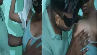 Masked couple romance and wife boob press foreplay